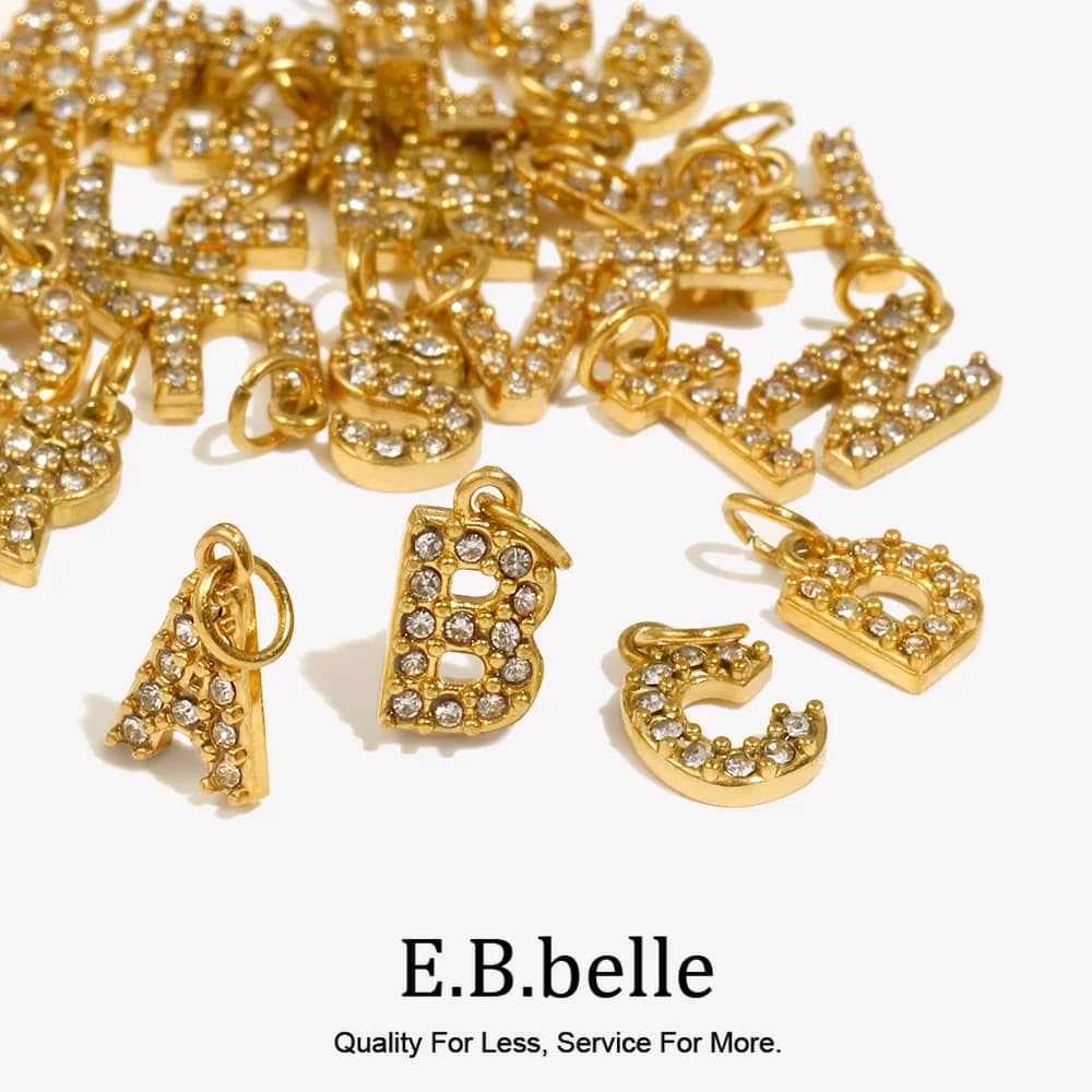 E.B.belle Mini Rhinestone Letter Pendant Water Resistant 18K Gold Plated 316L Stainless Steel Jewelry Pendants
