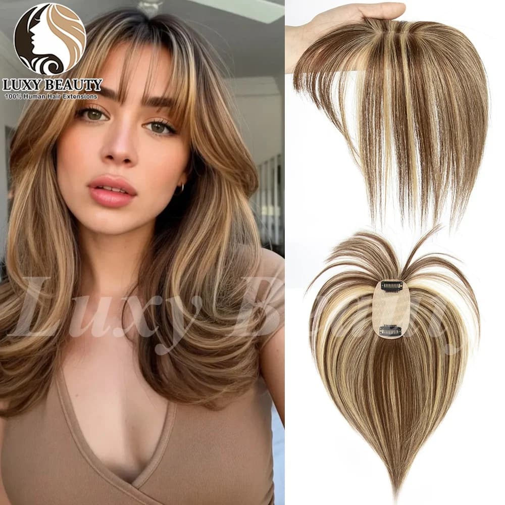 Highlights Brown Human Hair Topper With Bangs Women 5x9cm Natural Black Blonde Skin Scalp Clip in Topper Hair Pieces Human Hair