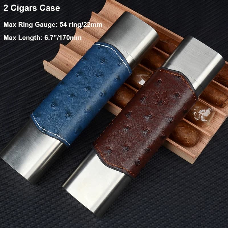 PU Leather Cigar Case 54 Ring Stainless Steel Cigar Holder 6.7" Long Mini Cigar Box 2 Tube Travel Cigar Humidor Accessory
