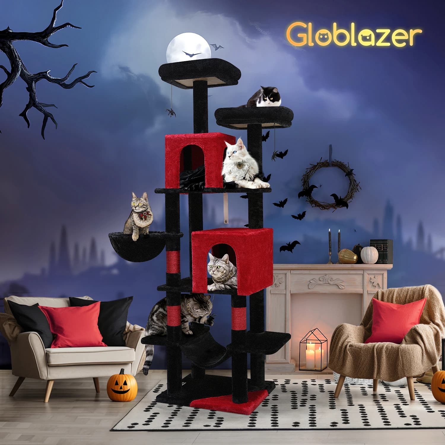 Albero per gatti gotico F69, albero per gatti gotico alto 69 pollici per gatti da interni grandi adulti, torre per gatti rossa e nera, torre per gatti di Halloween