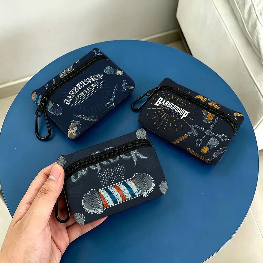 Barber Shop Portable Oxford Fabric Mini Wallet Carabiner Design Small Coin Bag For Cards Keys Earphones
