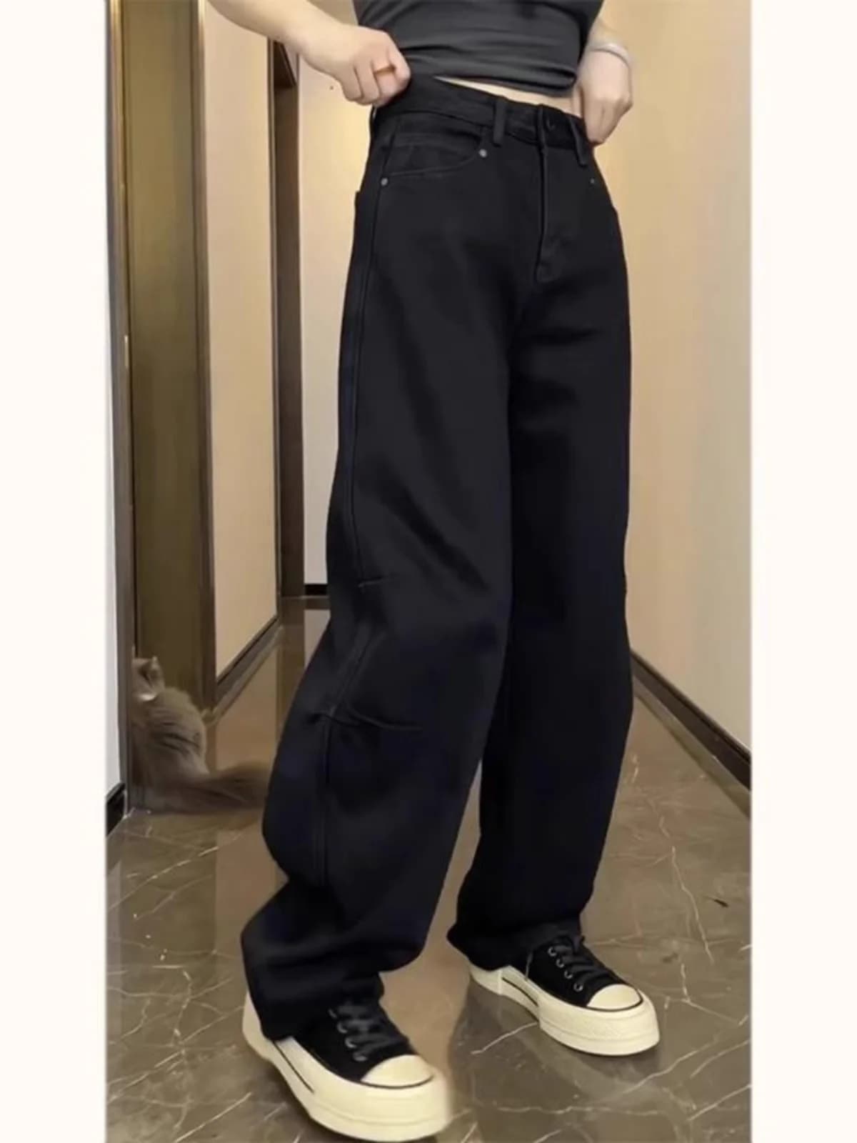 plus Size High Waist Wide Leg Jeans Women Loose Fitting Pear Shape Body Straight Slimming Bend Knife Pants Autumn Black Denim