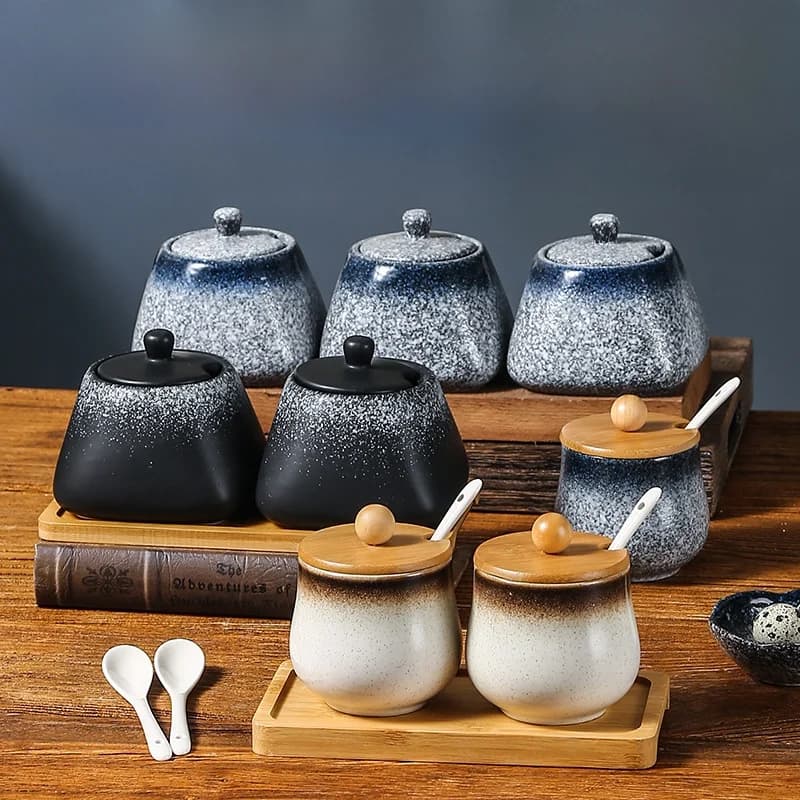 Set di Barattoli per Spezie Giapponesi con Coperchio e Cucchiaio, Contenitore per Conservazione in Cucina, Uso Commerciale, Scatola per Sale e Spezie