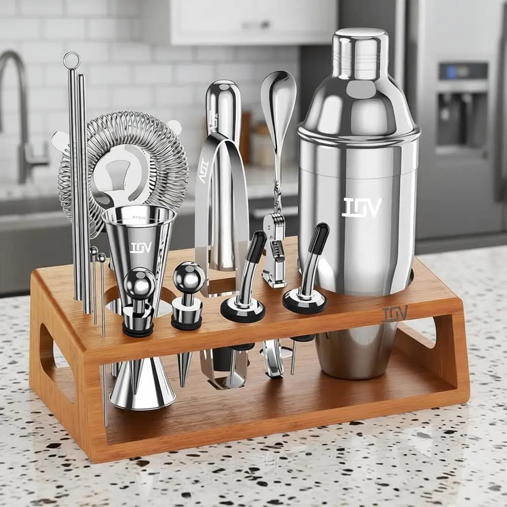 Set Shaker per Cocktail con Supporto, Kit da Barman | Set da Bar per Miscelare Bevande, Include Shaker, Jigger, Colino, Cucchiaio da Cocktail, Muddler