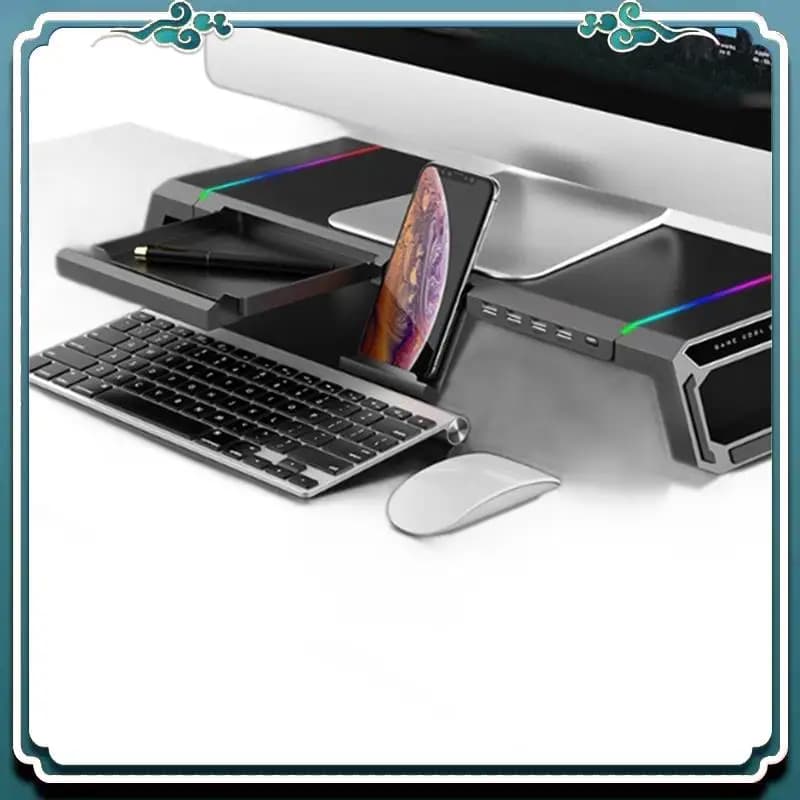 Easy To Use USB2.0 Fast Charging PC Monitor Stand With RGB Light & 4USB Ports - Ideal For Laptop Keyboard Storage
