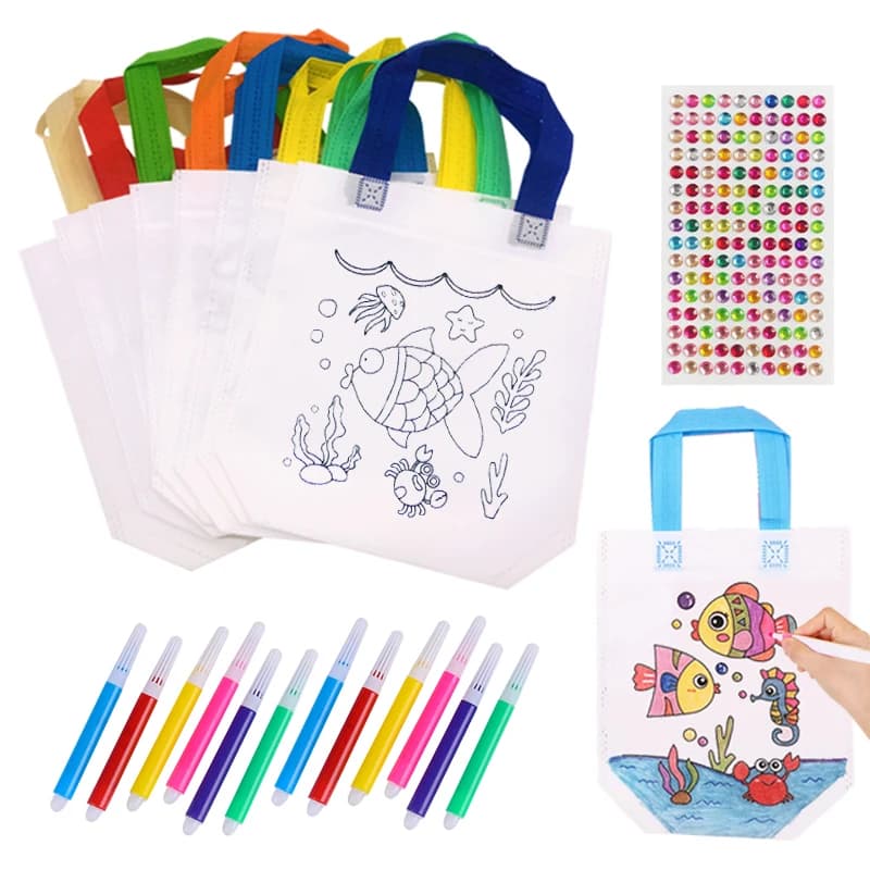 Sacchetti da colorare per graffiti fai-da-te e mini pennarello per pittura Adesivo con diamanti Borsa regalo in tessuto non tessuto per forniture per feste di compleanno per bambini