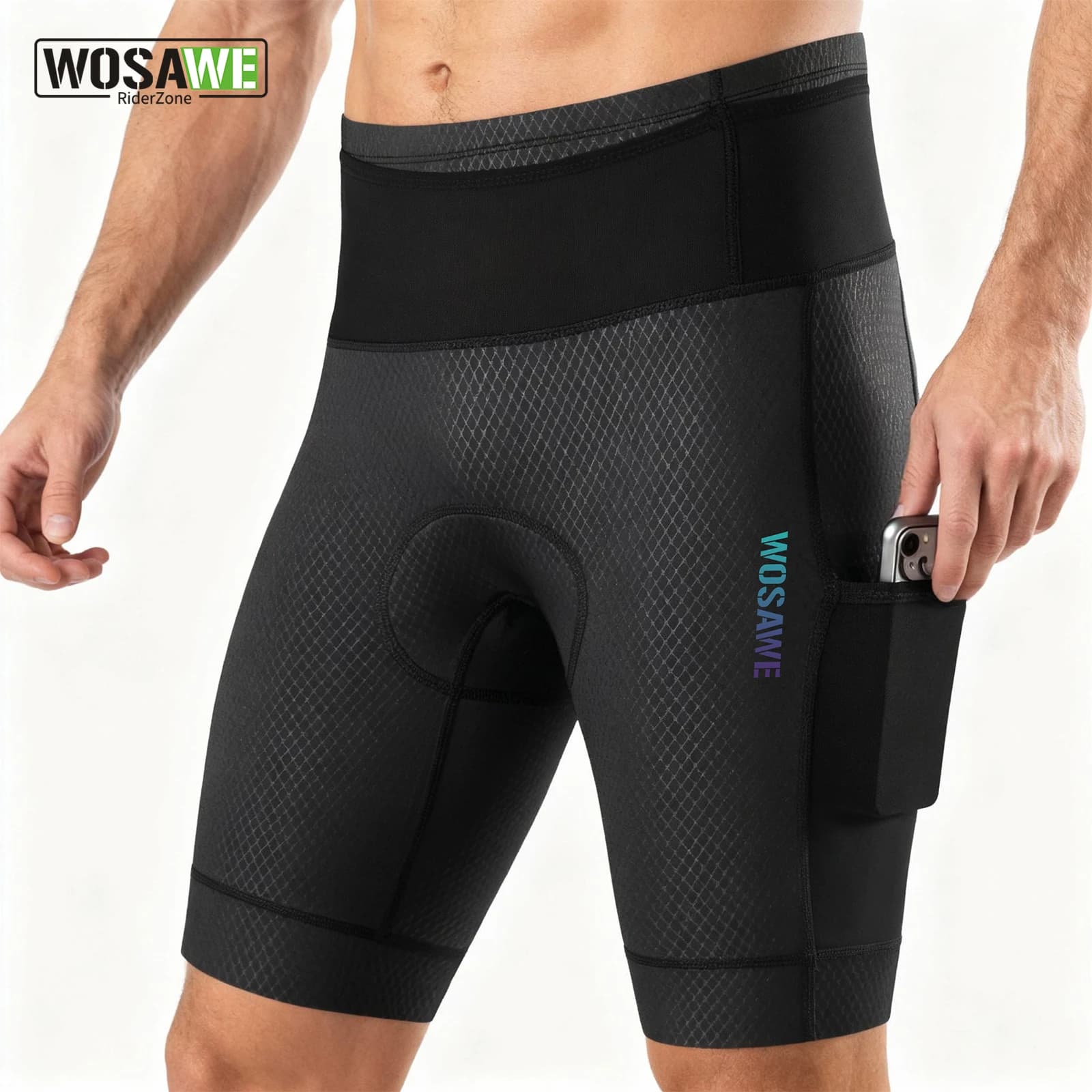 Pantaloncini da Ciclismo WOSAWE a Vita Alta con 4 Tasche Laterali e 2 Tasche Frontali, Imbottiti e Traspiranti con Striscia Riflettente