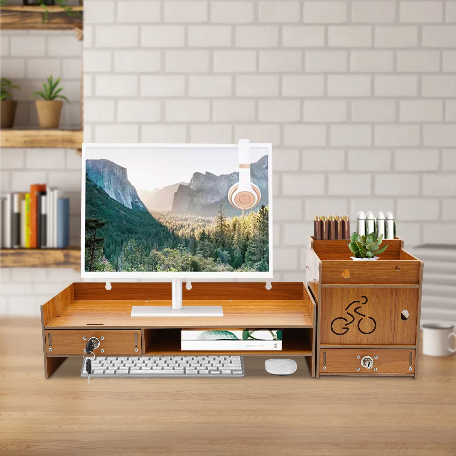 Supporto per Monitor per Computer in legno per Riser da scrivania con cassetti e serratura Organizer ripiano portaoggetti accessorio per ufficio per PC, Laptop, stampante