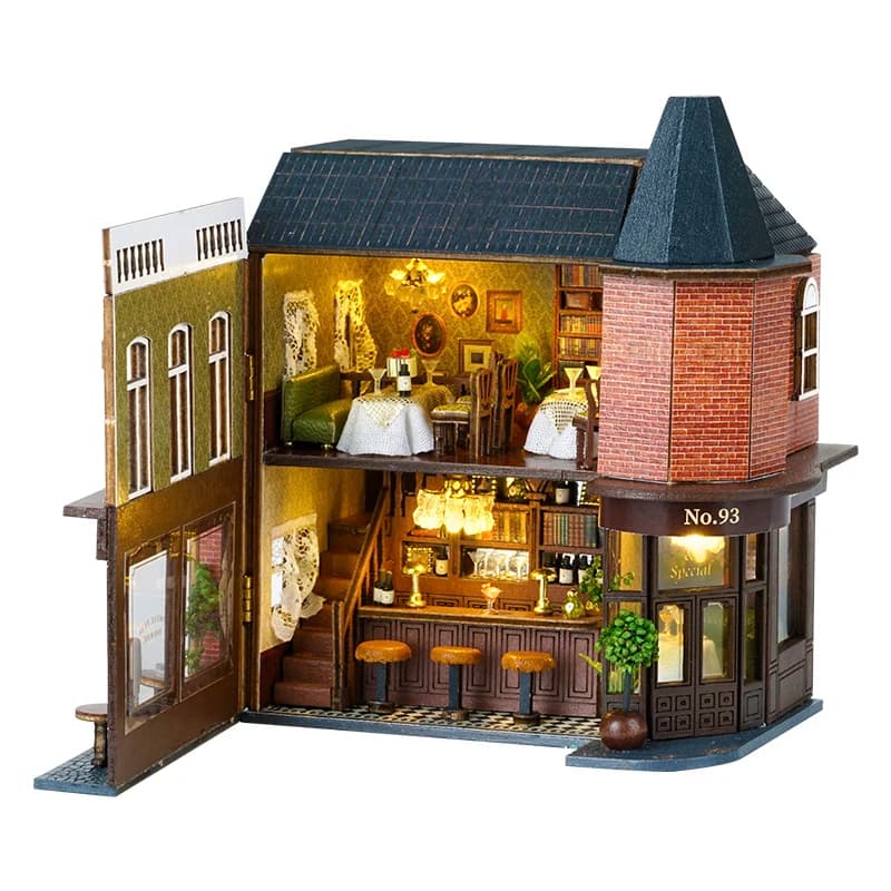 Fai da te in legno Giardino Ristorante Casa Case delle bambole Kit modello in miniatura con mobili Puzzle 3D Casa delle bambole Decorazioni per la casa Regali per amici