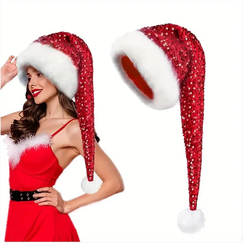 Cappello natalizio per adulti con glitter, doppio strato, spessa pelliccia lunga, con paillettes, decorazione natalizia