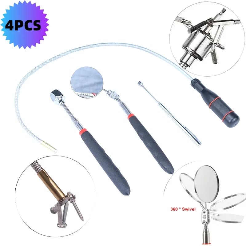 4Pcs Magnetic Pick-up Tool Set with Telescopic Rod, 360° Swivel Inspection Mirror & Flexible Claw Grabber for Car Repair