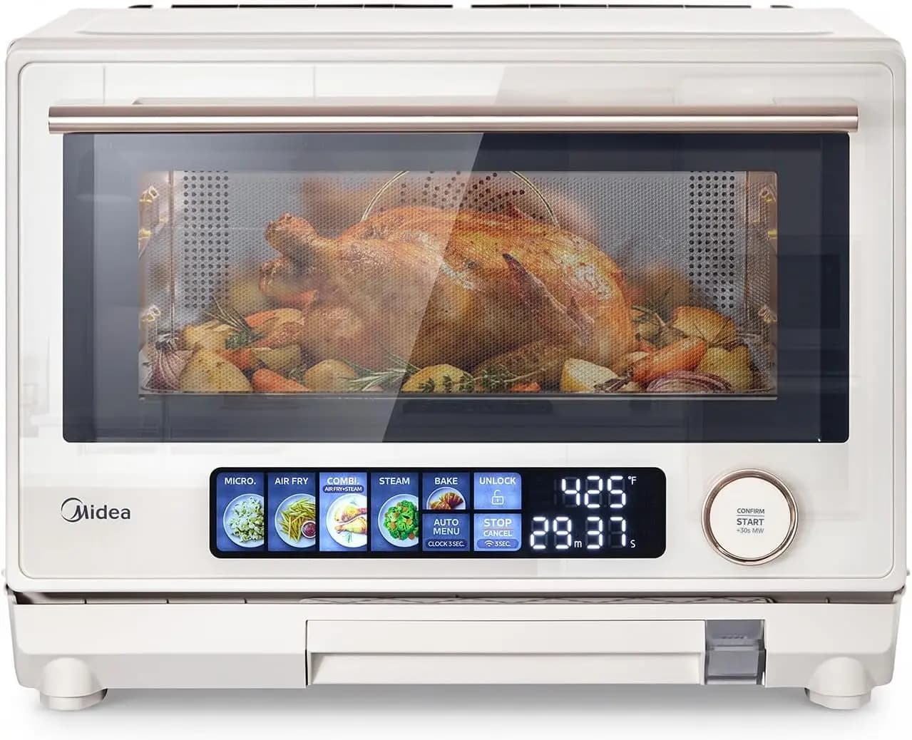 Midea 4-in-1 Inverter Microwave Oven, 0.9 Cu Ft Countertop Microwave with Air Fryer, Steamer & Convection Oven, 32 Auto Menus, 23L Smart Toaster Oven with Color Touchscreen, Stainless Steel