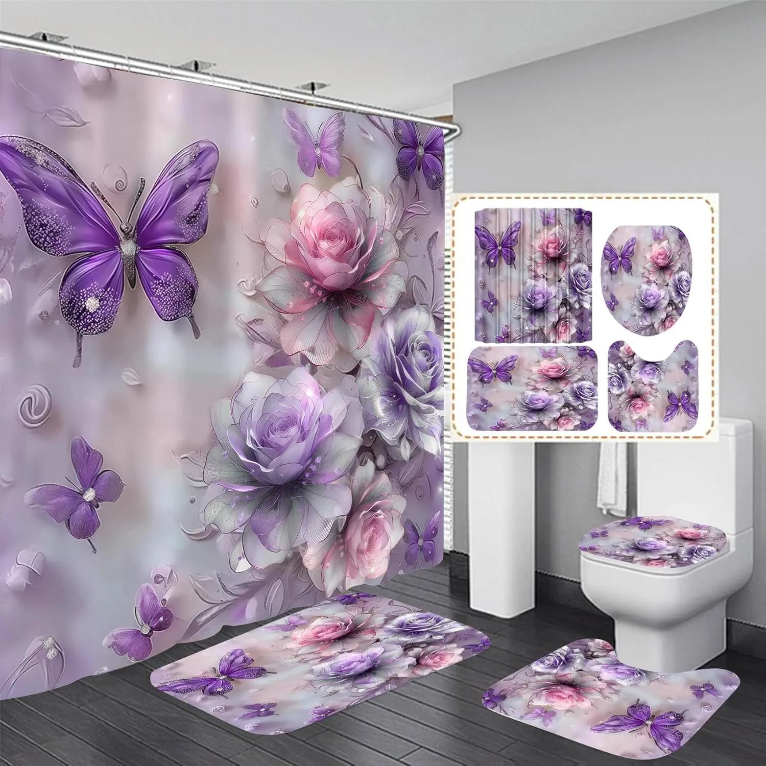 Set di 4 Pezzi per Doccia con Farfalle Viola Glitterate, Include Ganci, Tappetini e Copriwater