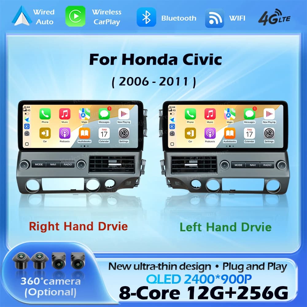 Autoradio Android 16 per Honda Civic 2006 - 2011 Multimedia DSP Stereo Wireless CarPlay 4G WIFI Navigazione GPS QLED 2400*900P BT