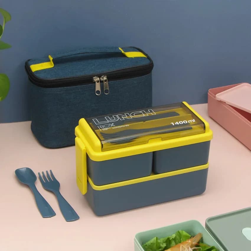 Lunch Box a doppio strato con custodia Set di stoviglie per microonde per studenti a tenuta stagna con contenitore per snack per alimenti con forchetta e cucchiaio