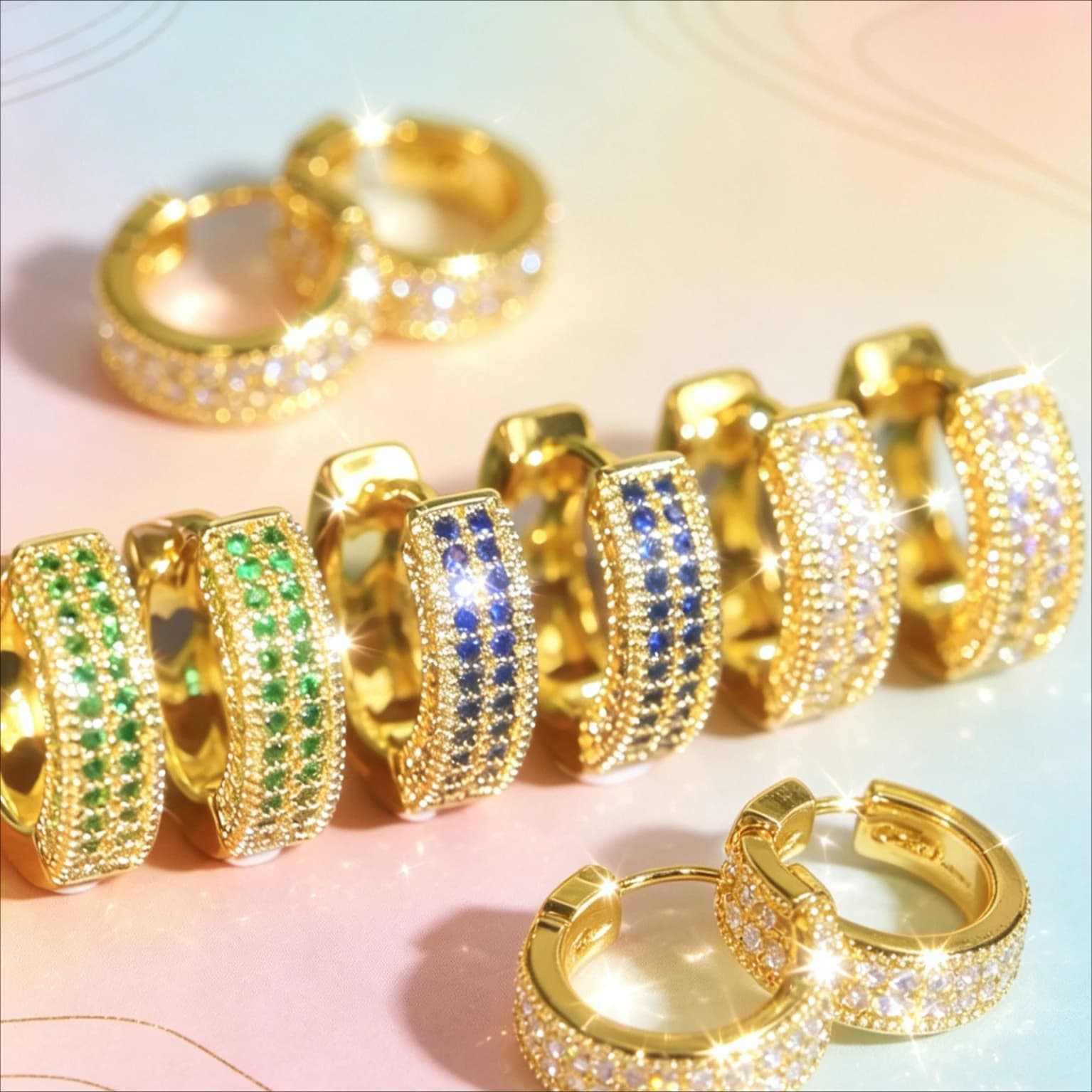 The fashionable ring-shaped earrings are set with synthetic zirconium oxide. Available in various colors, this pair of earrings is elegant and suitable for use as a Valentine's Day gift, Mother's Day gift, or graduation gift.