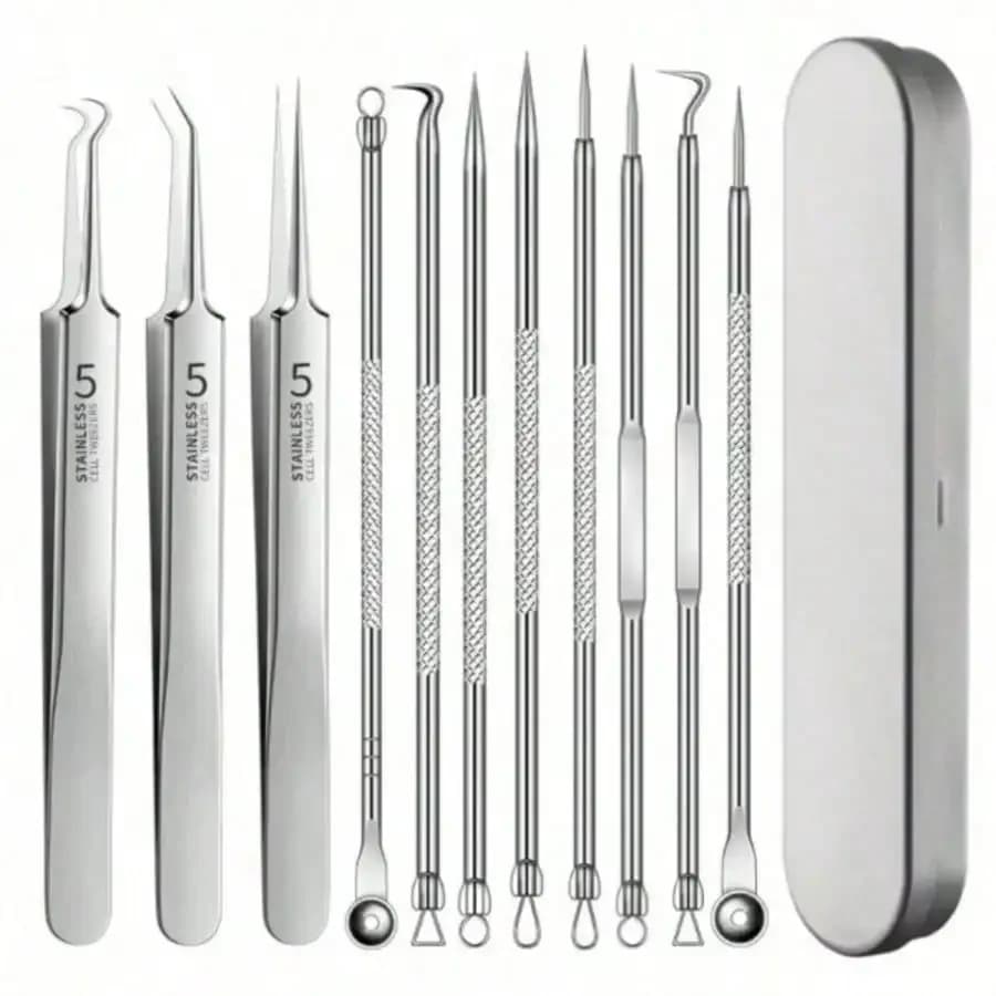 Set di 8 Strumenti in Acciaio Inossidabile per la Rimozione dell'Acne, Kit di Pinzette per Punti Neri e Aghi per Brufoli con Custodia