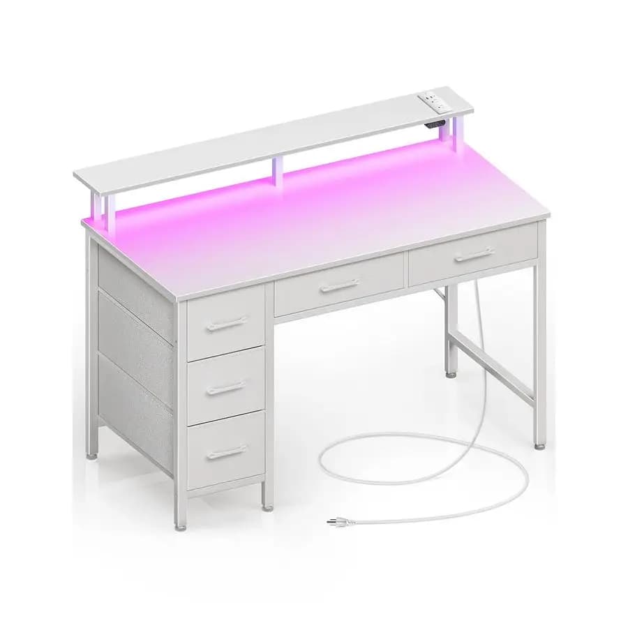 Computer desk with power sockets and LED light, 39 inch office desk with 5 drawers, desk with monitor support, work station