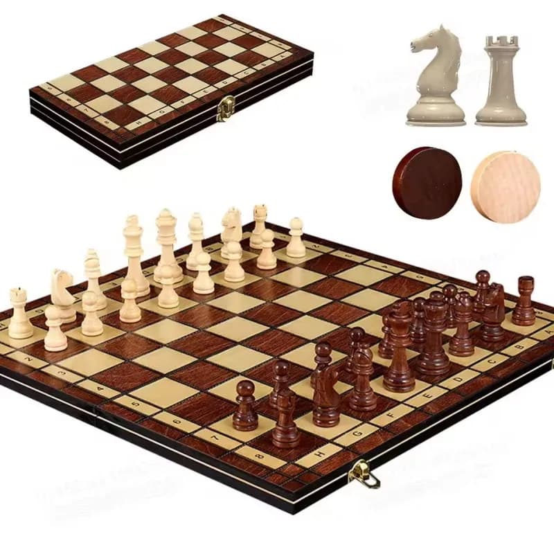 3 in 1 Wooden Chess Set Portable Checkers Backgammon Chess Game Chess Piece Foldable Chessboard Chess Board Game Gift