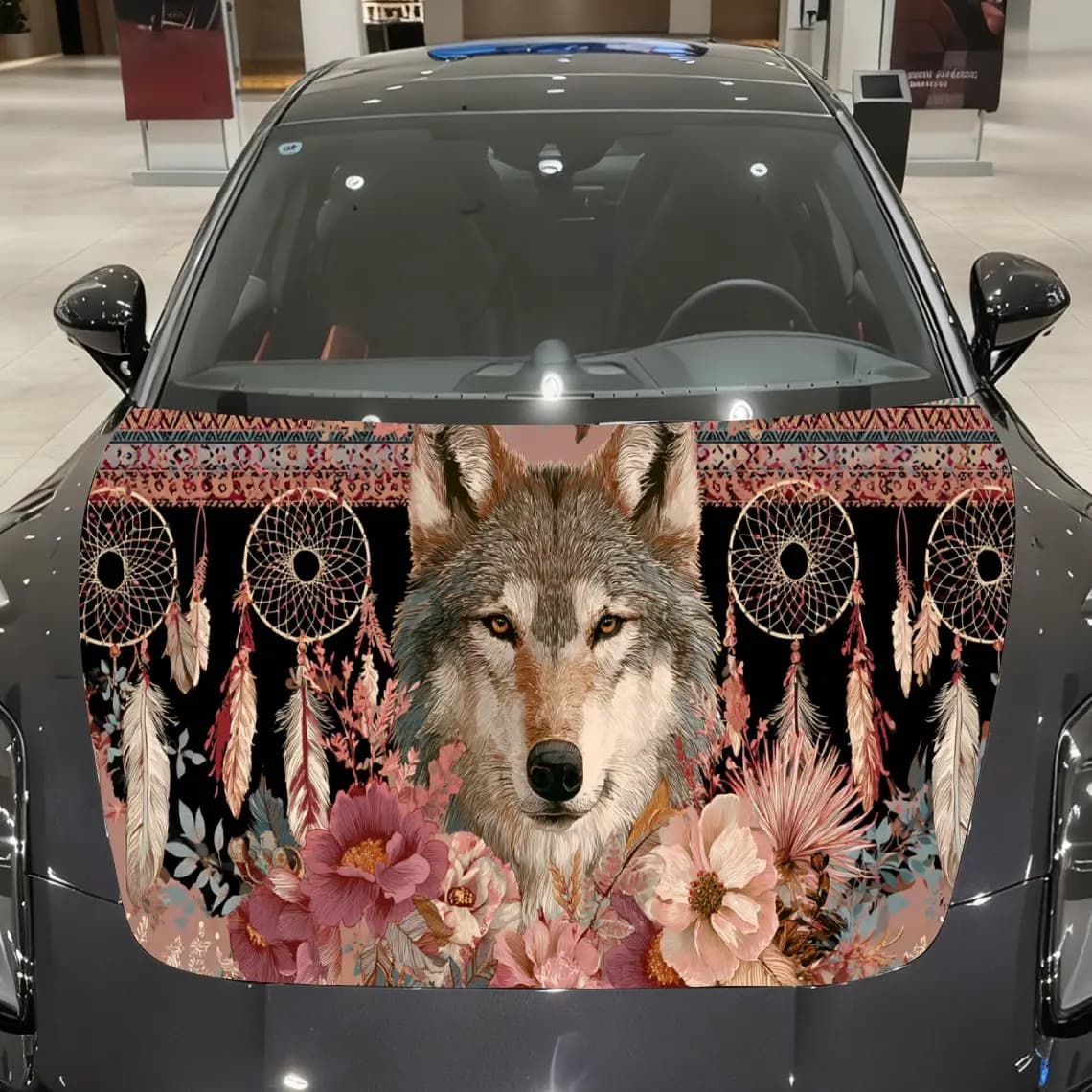 Pink Dreamcatcher Floral Wolf Auto Cover Sticker, Waterproof and Self-adhesive Auto Hood Decal, Auto Vinyl Wraps, Cool Car Exter