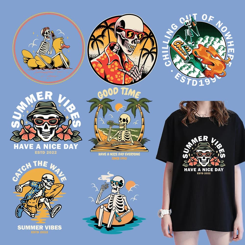 Summer Beach Skeleton Heat Transfer Sticker salute nessun odore diydecalcomanie toppe termoadesive per federa lavabile Applique Decor