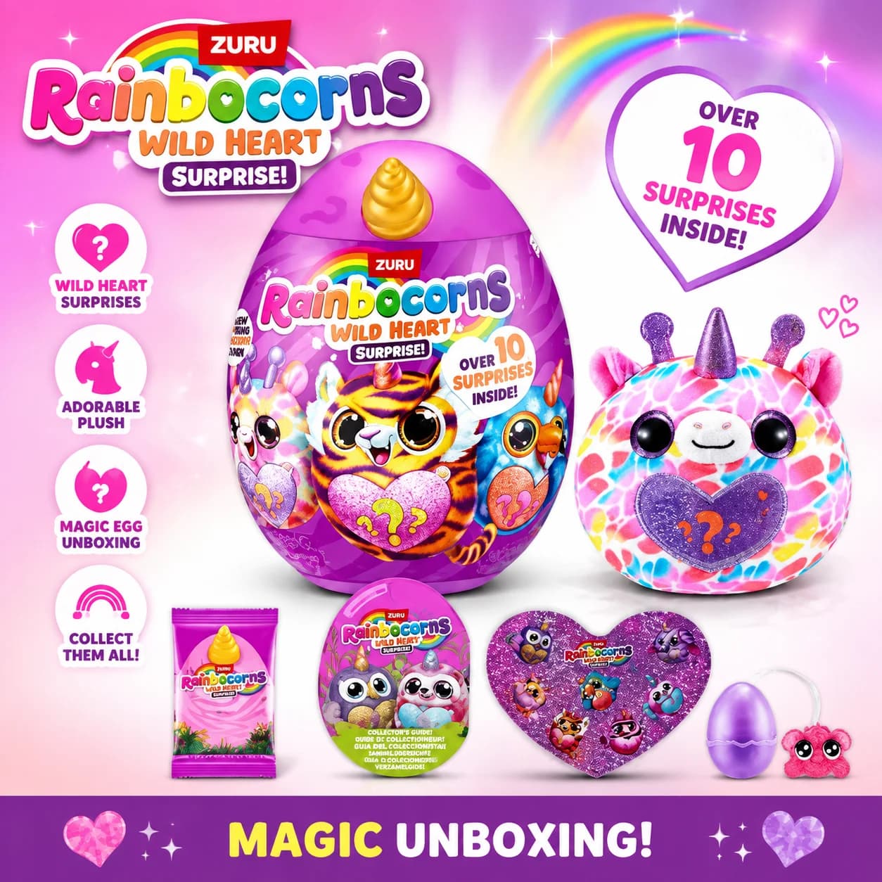 Zuru Rainbocorns Wild Heart Surprise Egg Plush Doll with 10+ Surprise Accessories Collectible Hobby Decor Gift