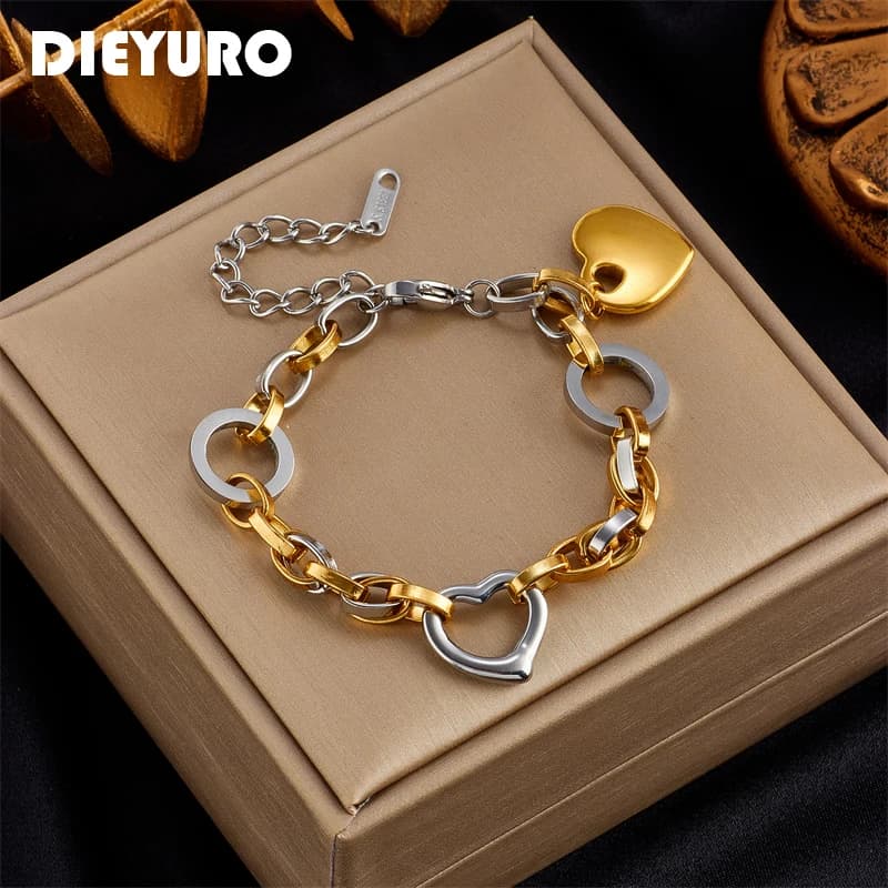 DIEYURO Bracciale con ciondolo a forma di cuore in acciaio inossidabile 316L per donna, gioielli da polso per ragazze, tendenza street hip hop, regali per feste e matrimoni