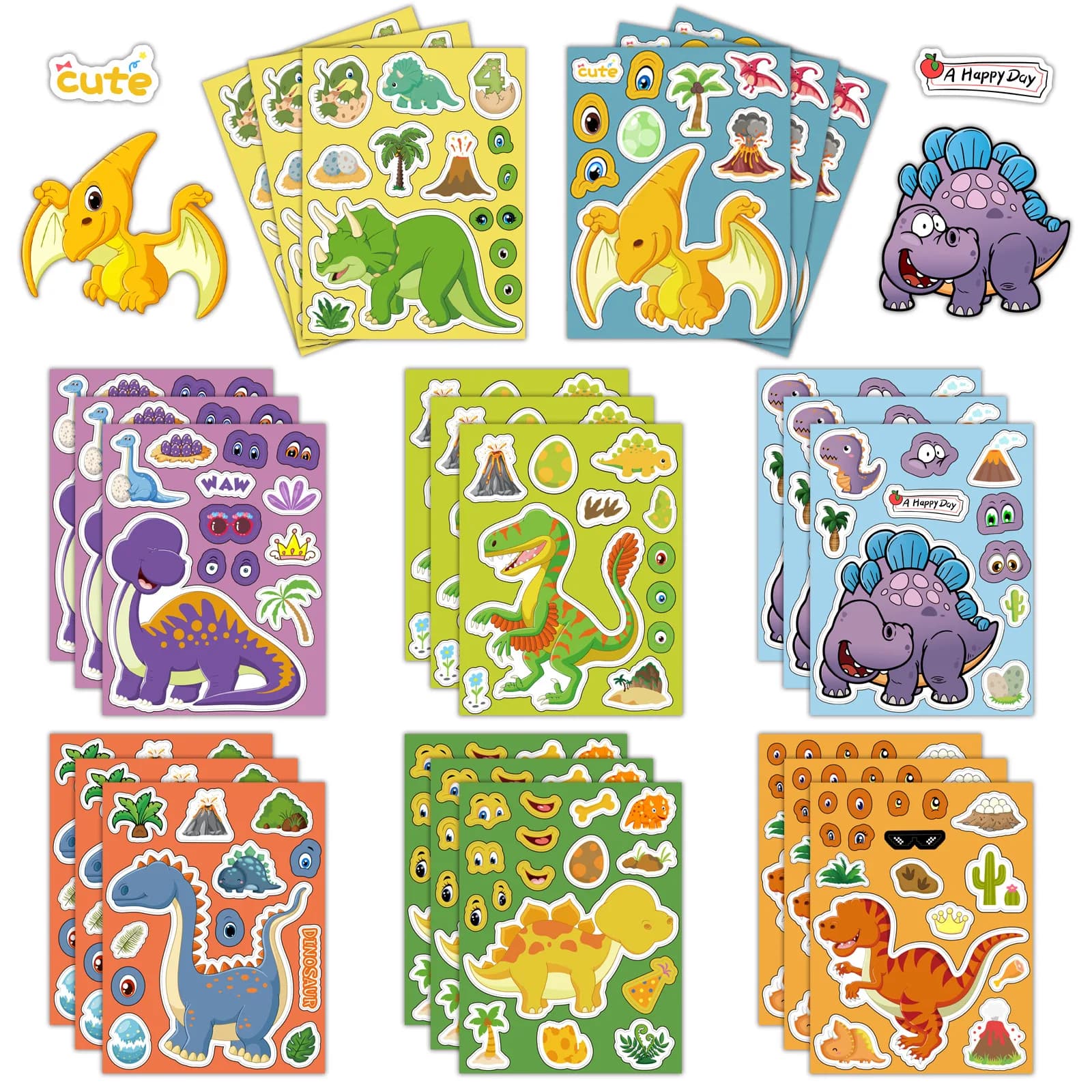 8 fogli di adesivi puzzle con dinosauri carini, adesivi per creare un volto, adesivi per notebook, telefono, laptop, decorazione fai da te, adesivi impermeabili