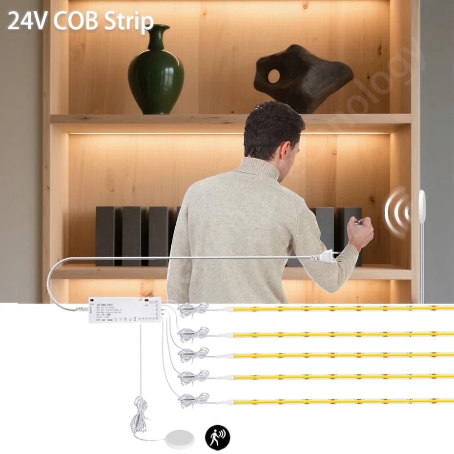 Nastro luminoso LED COB ultrasottile 24V 320LED/m con controllo del movimento PIR per sotto l'armadio Mensola in vetro Cucina dispensa Decor 1m-5m