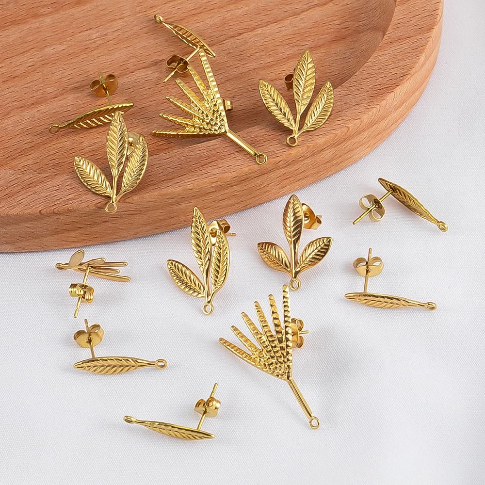 2/6pcs Gold Stainless Steel Boho Leaf Branch Astral Earring Making Supplies Hooks Connectors Earring Base Posts Components Parts