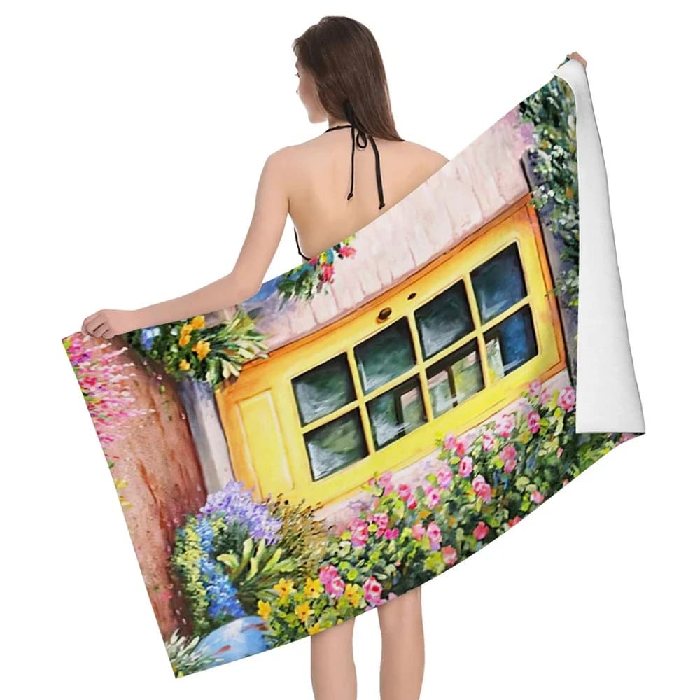 Asciugamano da spiaggia con motivo porta in legno da giardino Coperta da spiaggia ad asciugatura rapida Asciugamano da bagno per yoga da viaggio senza sabbia per adulti e bambini