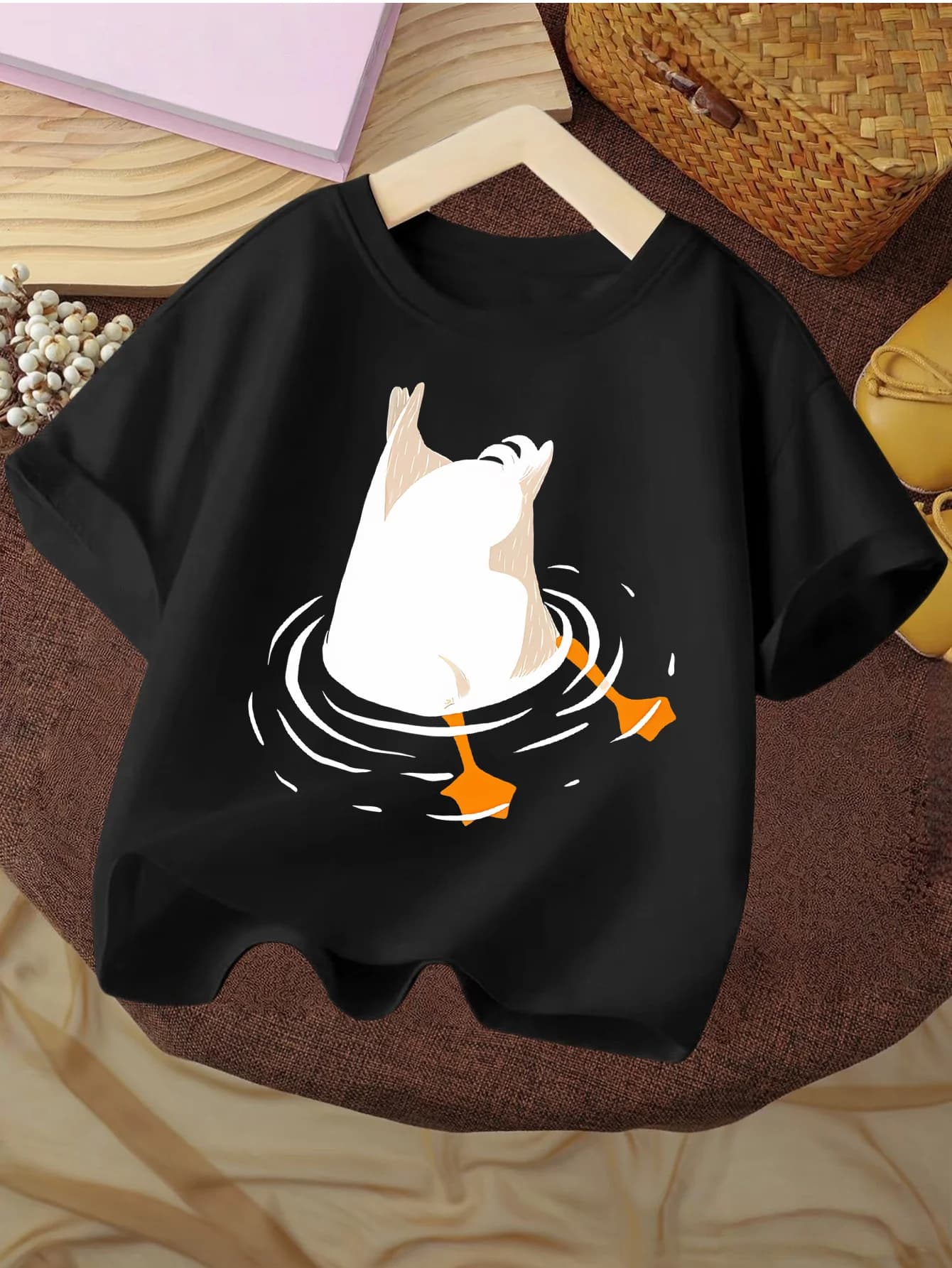 Children T Shirt Humorous Swimming White Duck Creative Bird Illustration Print Short Sleeve Soft Cotton Kids Daily Outfit