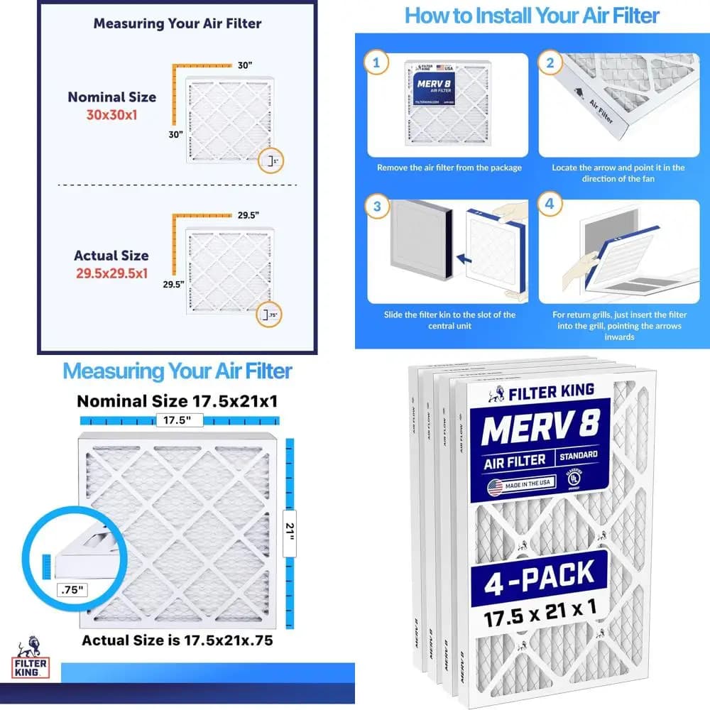 Confezione da 4 Filtri Aria MERV 8, 17.5x21x1, Controllo Polvere e Allergie, Plissettati, Elettrostatici, Prodotti negli USA