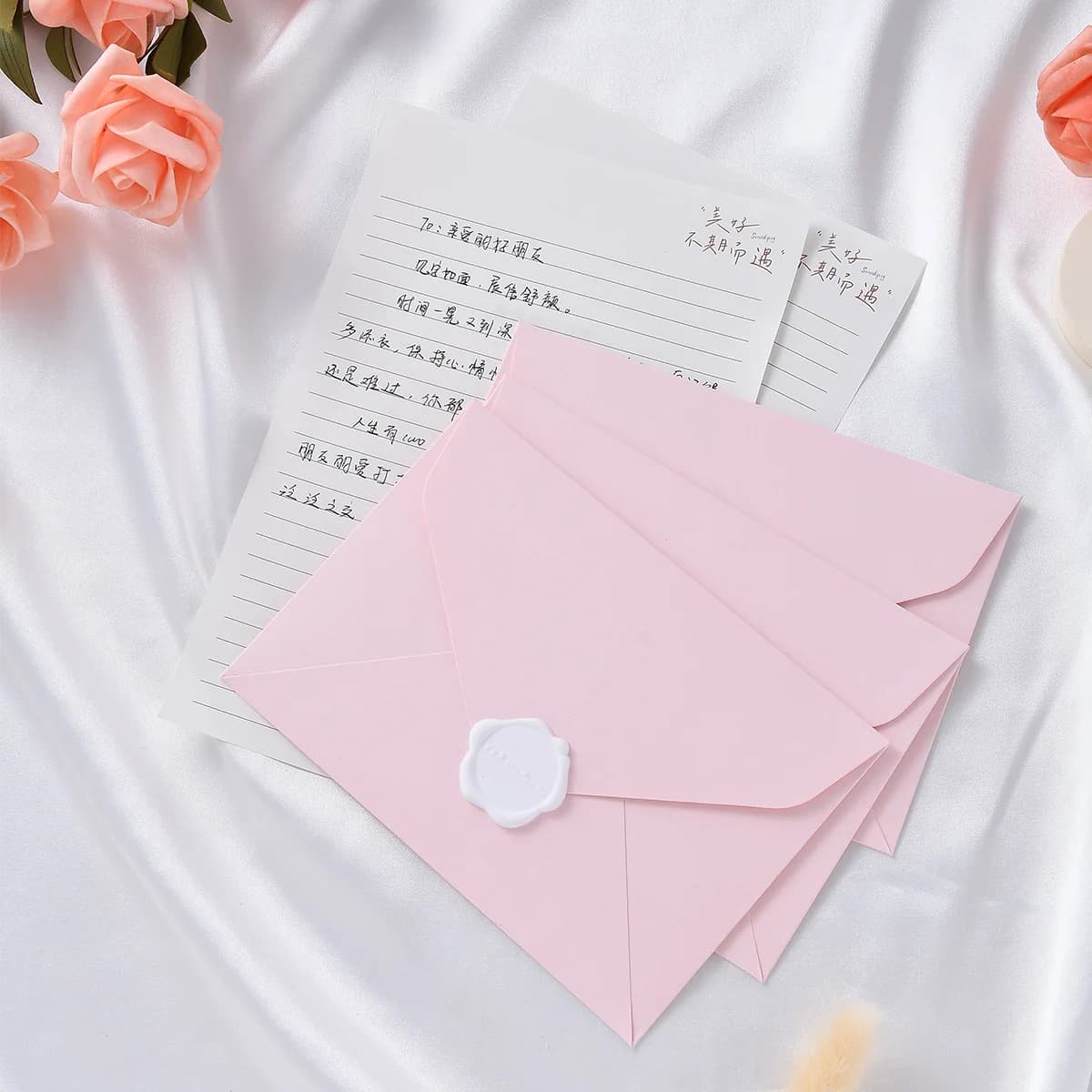 Kit di buste e carta rosa fresche romantiche per la proposta di confessione di lettere d'amore con sigillo di cera, cancelleria per ufficio stampata retrò
