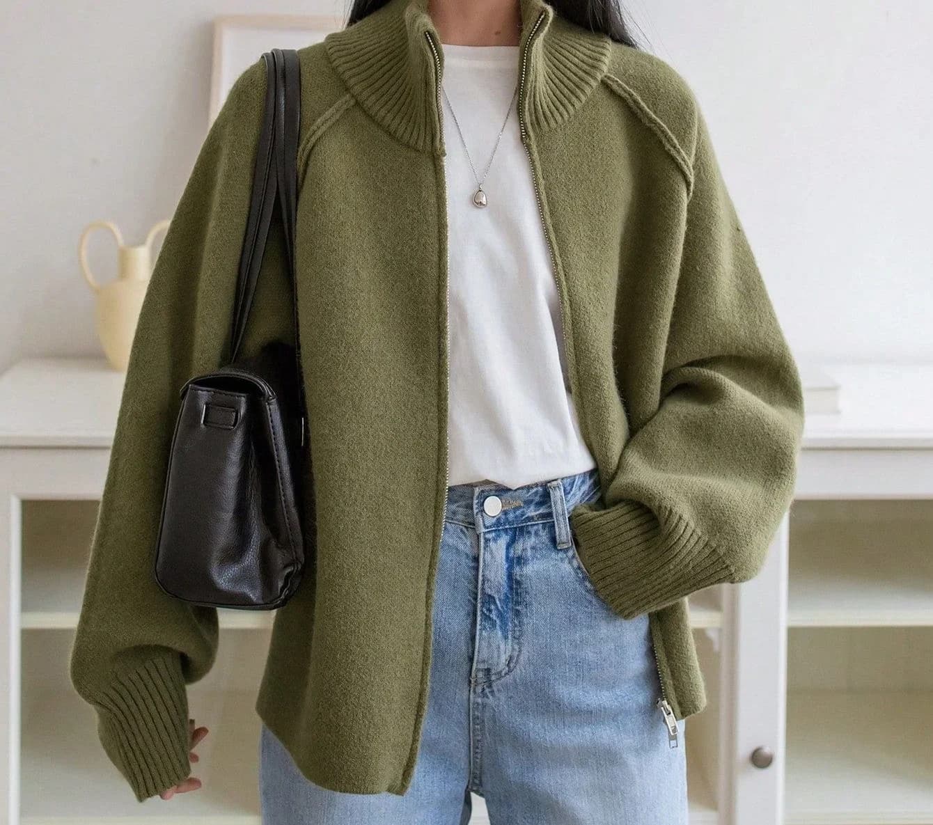 Cardigan in Maglia da Donna con Cerniera e Collo Alto, Tinta Unita, Nuovo Stile Autunno Inverno 2026