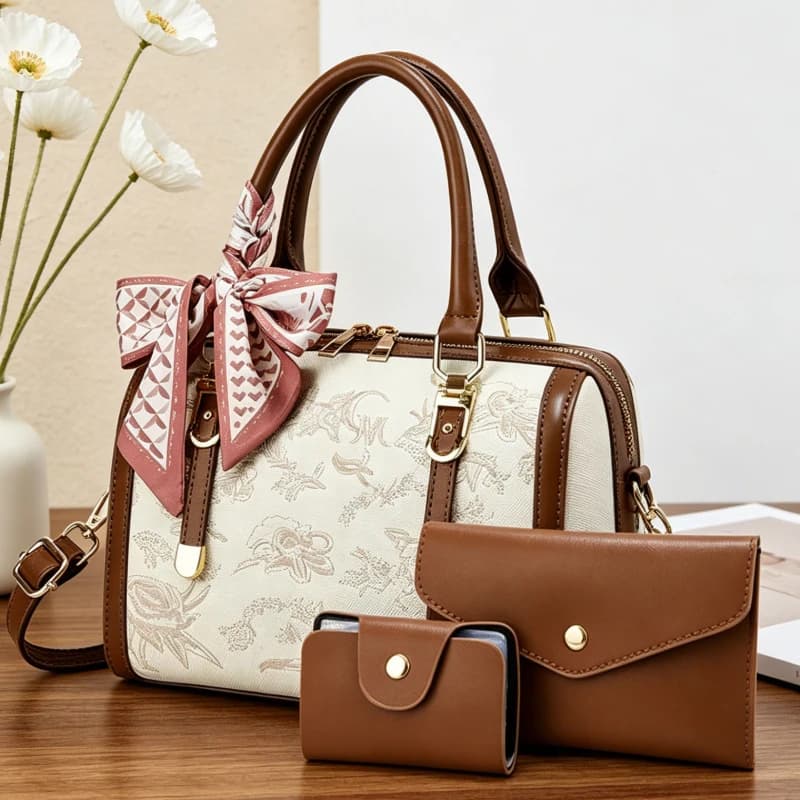 Light luxury embroidered women's handbag, 3-piece women's bag set, daily elegant versatile Boston bag, color-blocked shoulder