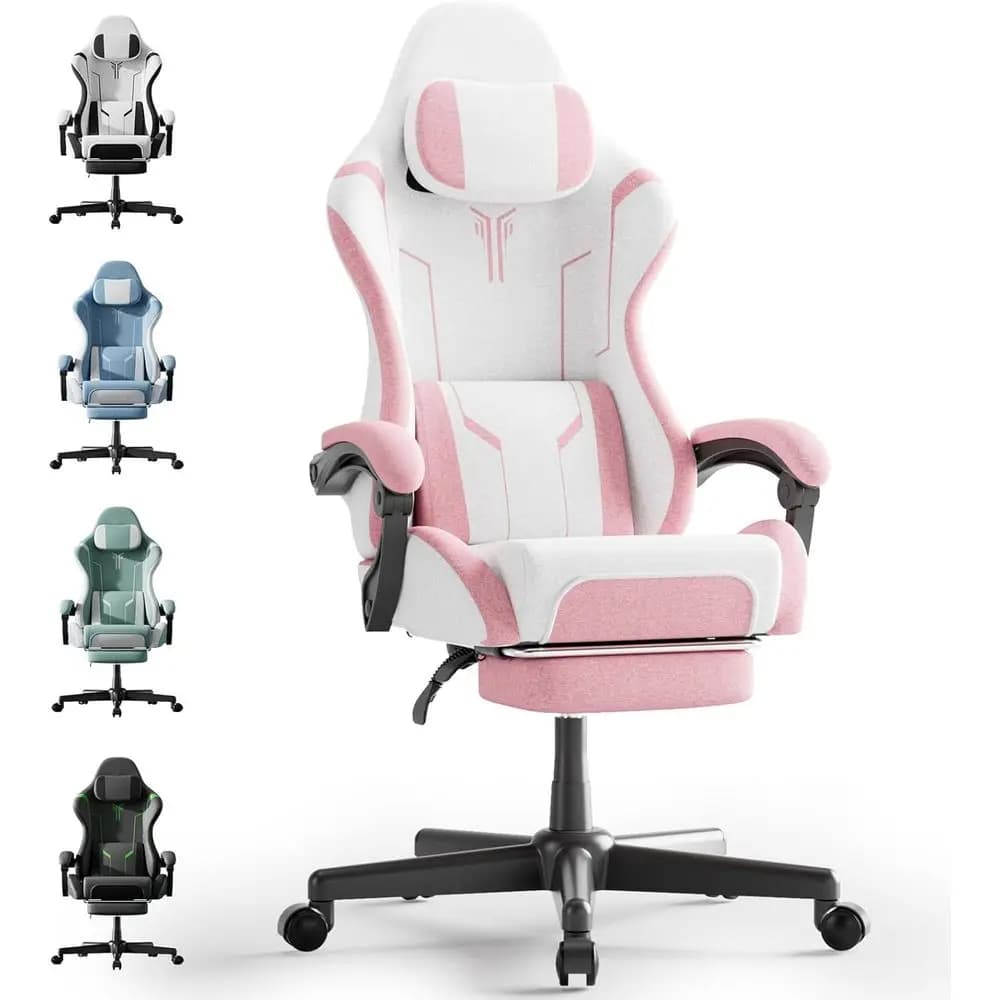Pink Ergonomic Gaming Chair with Massage Lumbar Support, High Back Office Game Chair with Footrest for Adults