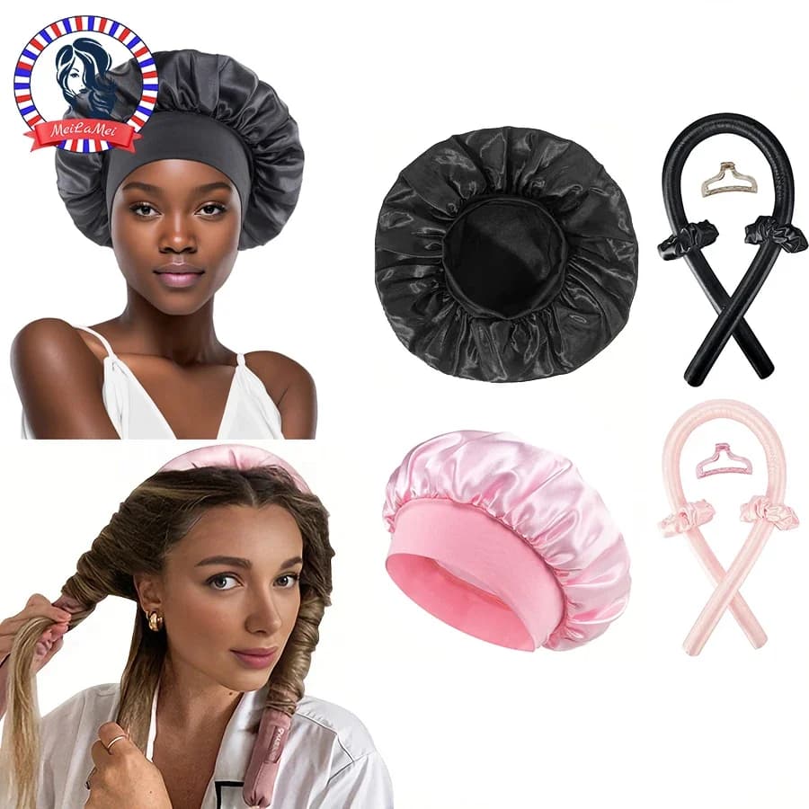 Set of hair curlers without heat and headphone for sleeping in satin Hair set without heat, hair band, claws clip, hair rings, soft hat for sleeping, lounge