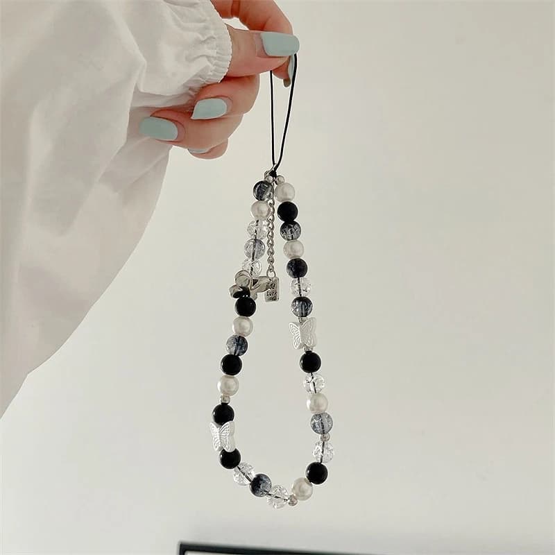 Korean Cute Silvery Butterfly Black White Bead Beaded Phone Chain Charm Lanyard For iPhone CCD Hanging Rope Girl Jewelry Pendant