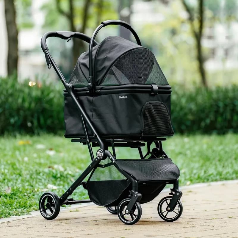 Passeggino per animali domestici a 4 ruote, passeggino per cani e gatti di piccola taglia/media fino a 33 libbre, pieghevole e trascinabile con un solo clic, marsupio rimovibile