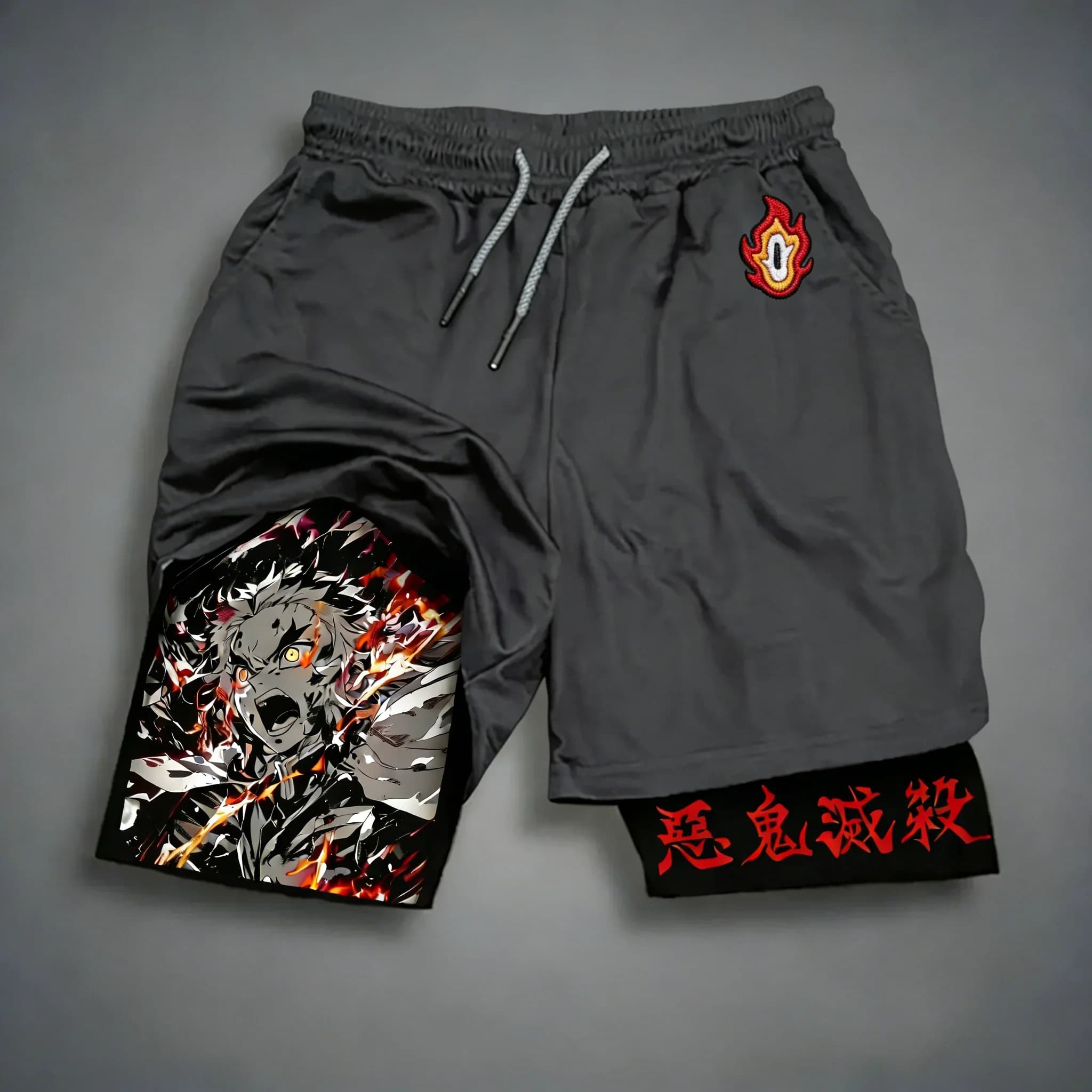 Demon Slayer Anime Rengoku Kyoujurou Peripheral Shorts Summer New Pantaloncini unisex da corsa sportivi elasticizzati comodi 2 in 1