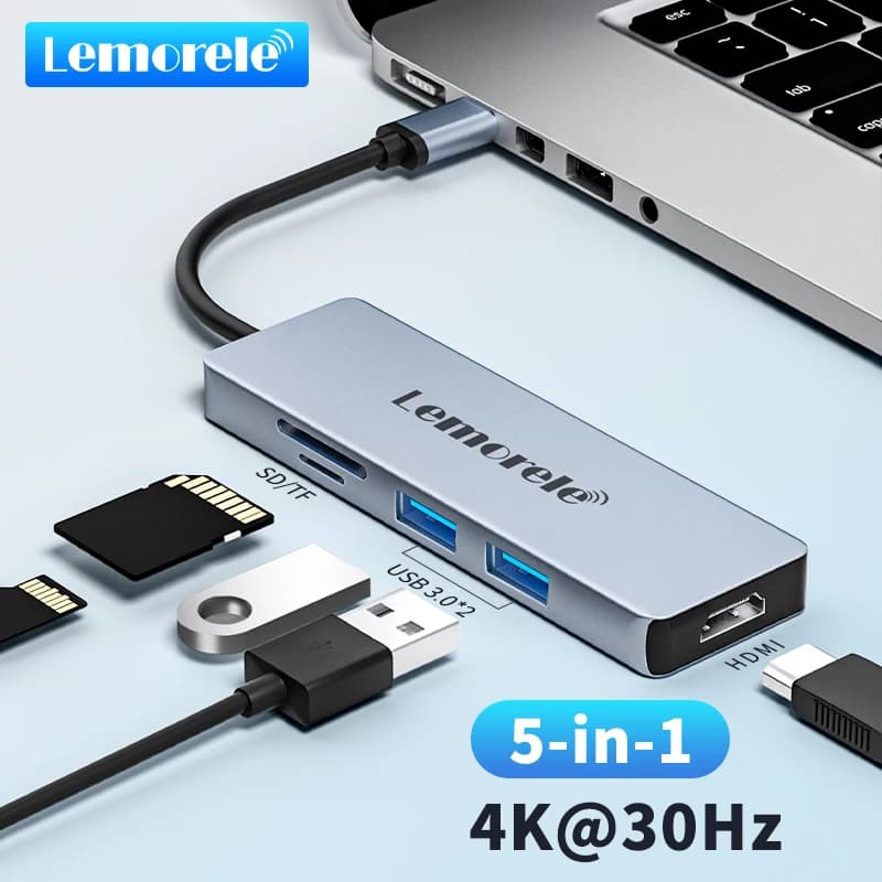 Lemorele TC18L Hub USB a 5 Porte, Docking Station USB-C con Adattatore HDMI 4K 30Hz, Lettore SD/TF per MacBook, iPad Pro, Huawei