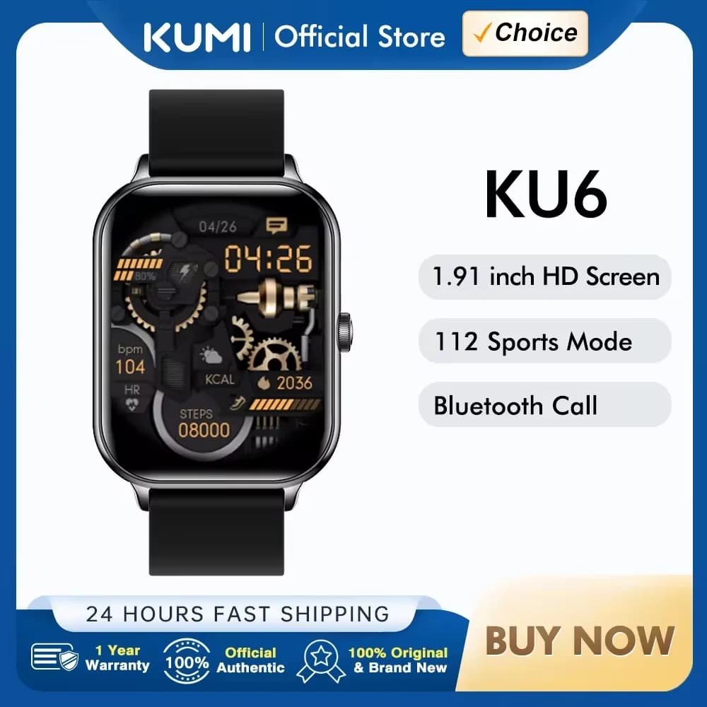 KUMI KU6 Smart Watch 1.91" Bluetooth call NFC IP68 Waterproof 110+ Sport Cardiofrequency Pressure Blood Pressure Fitness Tracker Man Woman
