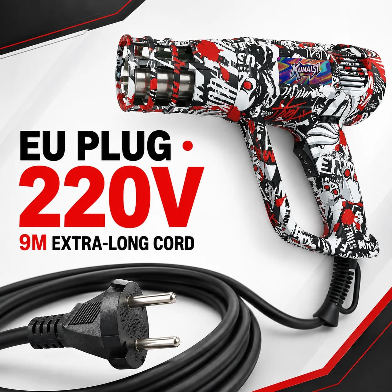 KUNAISI 220V 2000W Graffiti Heat Gun Digital Display Adjustable Temperature EU Plug for Car Vinyl Wrap PPF Film Installation