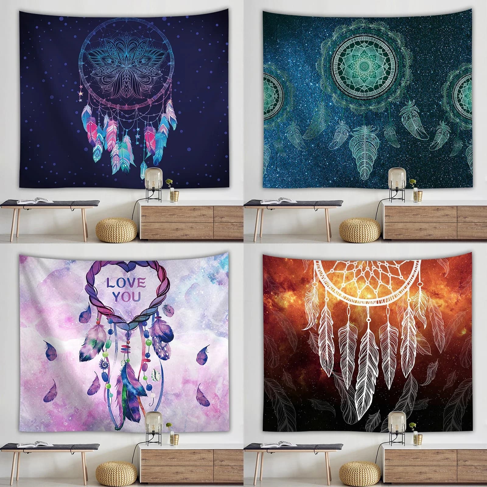Dreamcatcher Print Tapestry Indian style Pumo Feathers Polyester Mandala Tapestry Wall Hanging Bohemian Decor Mystery Witchcraft