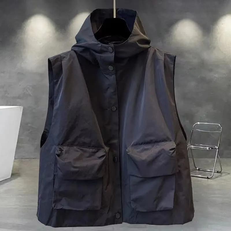 Gilet di tendenza con cappuccio allentato solido Primavera Estate senza maniche Tasca Patchwork Street T-shirt casual Top Moda Abbigliamento uomo coreano