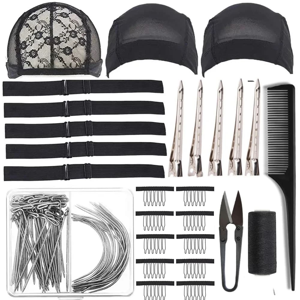 Kit per realizzare parrucche Accessori per parrucche fai-da-te, fascia elastica regolabile, cuffia per parrucca in rete a cupola da 3 pezzi, fermagli per capelli in filo nero, pettine e forbici