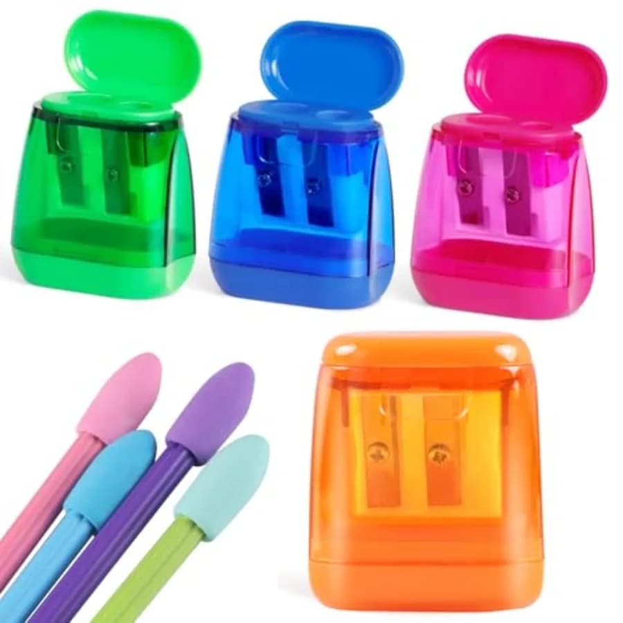 Pencil Sharpener Set 8 Pcs 4 Dual Hole Manual Sharpeners + 4 Pencil Top Erasers, Portable Pencil Sharpeners for,Students and Te