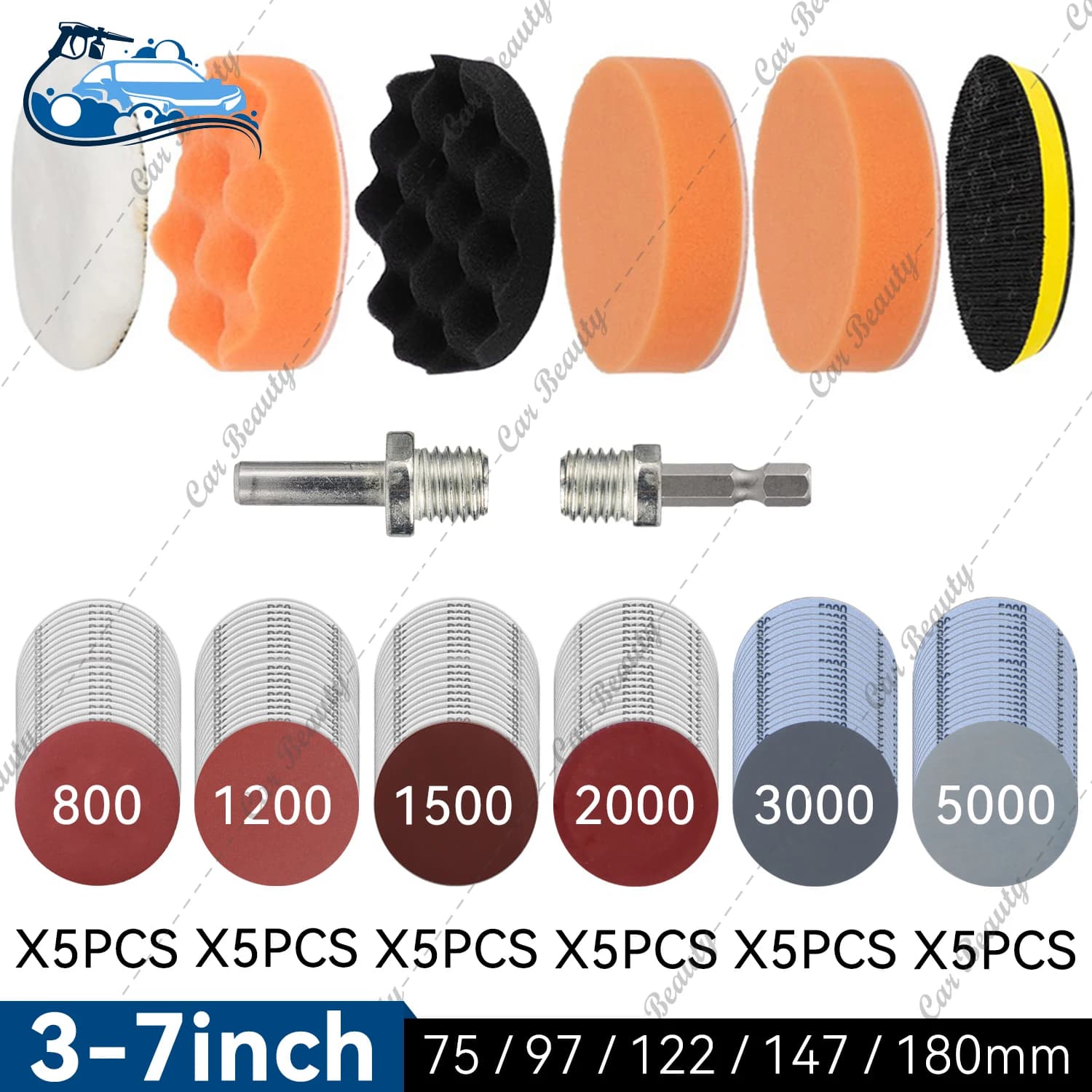 3 4 5 6 7 inch Car Detailing Kit wax sponge pad for sandpaper disc with adapter for hexagon drill M10 M14 for automatic polishing of headlights