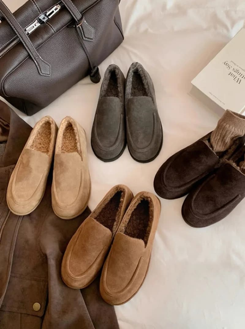 Versione in lana Testa tonda Scarpe pelose pigre Mocassini da donna in pile vecchio denaro Mocassini in pile caldo cotone Slip-on